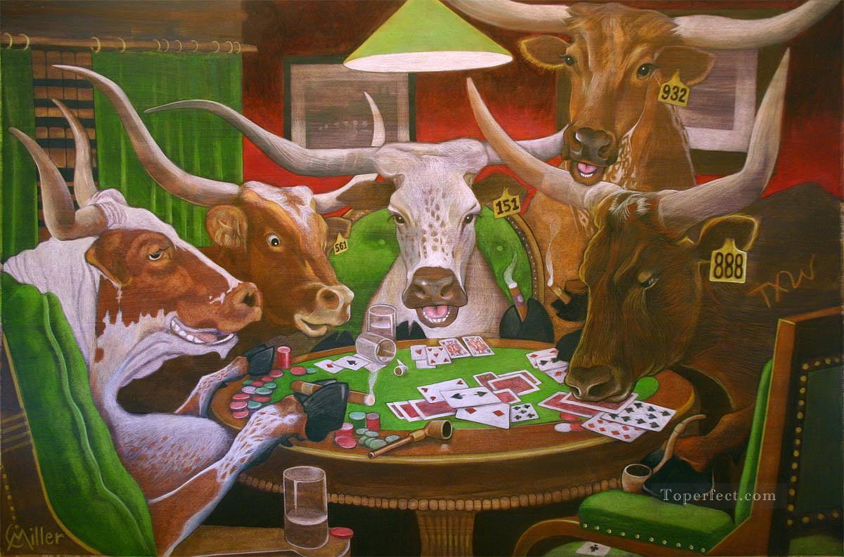Longhornst Rinder Poker zu spielen Ölgemälde